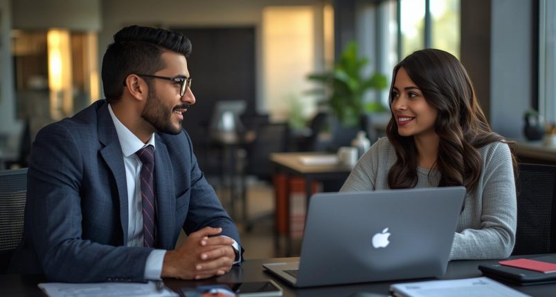 A photorealistic scene showing a professional career consultation.