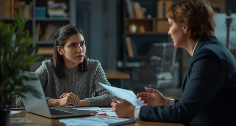 A photorealistic scene showing a student preparing for a university interview with a professional consultant.